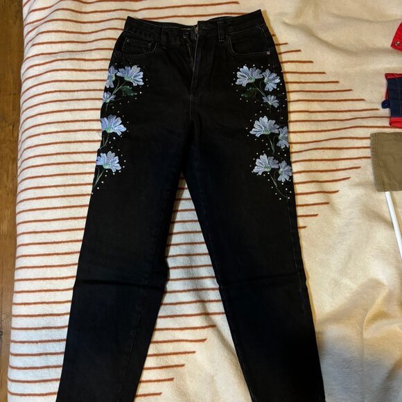 Topshop Black Moto Mom Jeans with Flower Embroidery - Picture 2 of 5